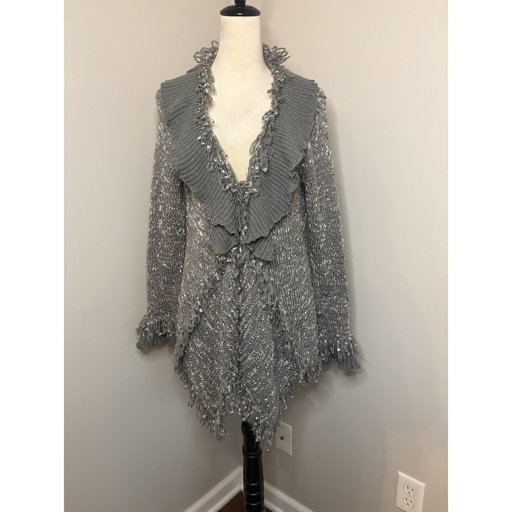 VTG Sisters Cardigan Gray Sweater Jacket Fringe Ruffles Button Y2K Fairy Medium